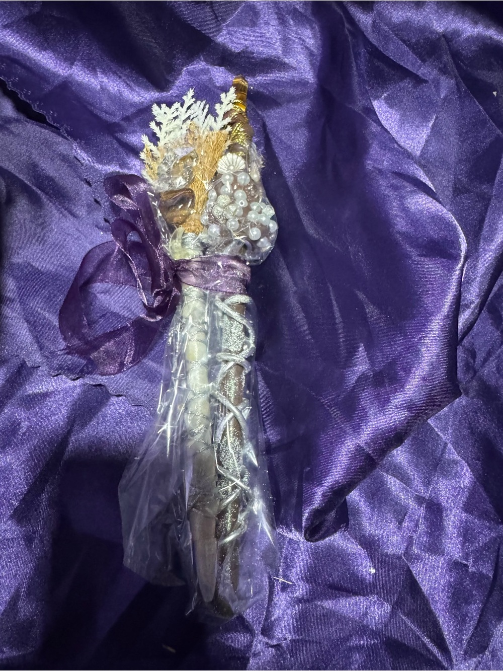 White Handcrafted Decorative Wand and broom w/ Pearls/Ribbon - Purple Accents